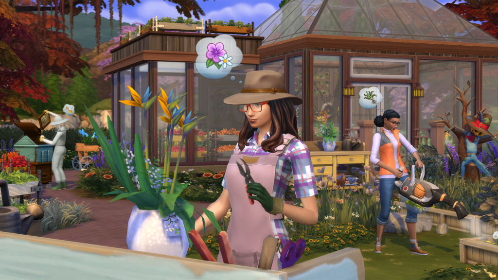 A screen shot from The Sims 4: Seasons with sims gardening in the background 