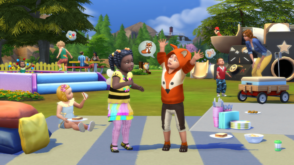 two toddlers standing and chatting about foxes in the sims 4 