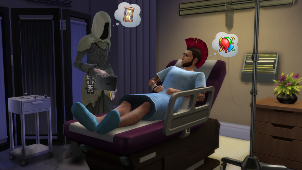 the grim reaper acting as a doctor treating a sim with a mohawk 