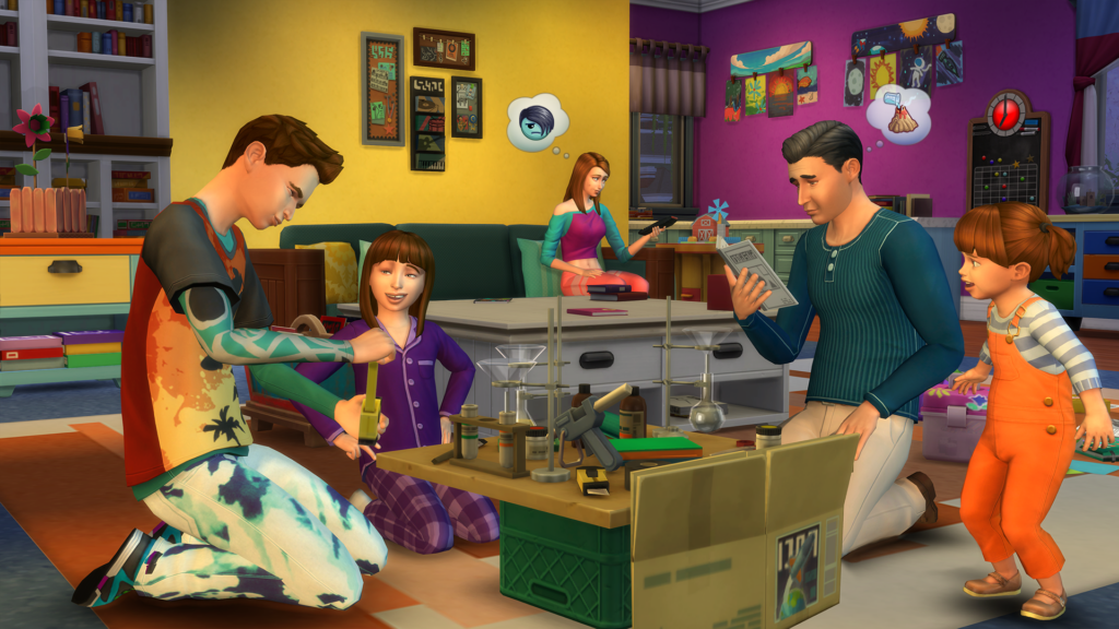 3 sims sitting on the floor working on a project with a toddler standing nearby in overalls and a mom on the couch in the back 
