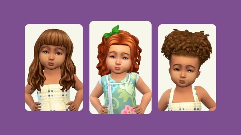 This image has a purple background with three rounded-edge images of toddlers with curly hair from The Sims.