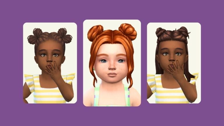 This image has a purple background with three images of toddlers with different hairstyles from The SIms