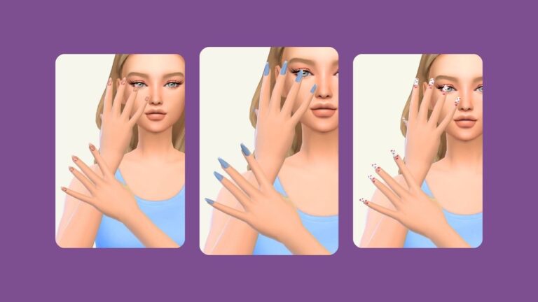 This image has a purple background with three rounded-edge rectangles, inside of those rectangles are images of a sim with blonde hair wearing a blue shirt showing off their nails.