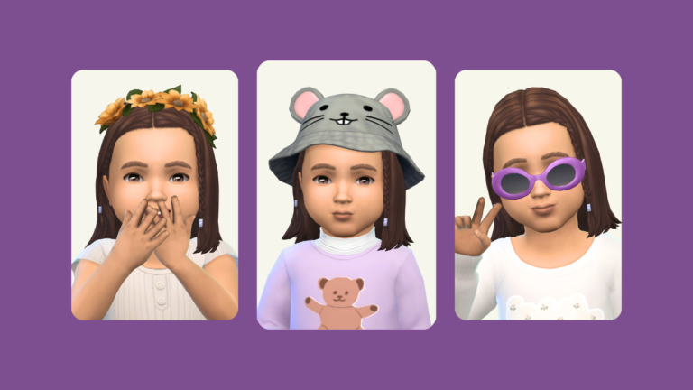 This image has three images of a toddler with brown hair in different accessories, first a flower crown, then a mouse hat and then sunglasses.