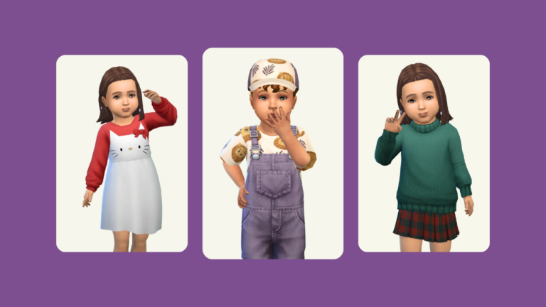 This image has a set of images on top of a purple background. These images have toddlers posed in different outfits.