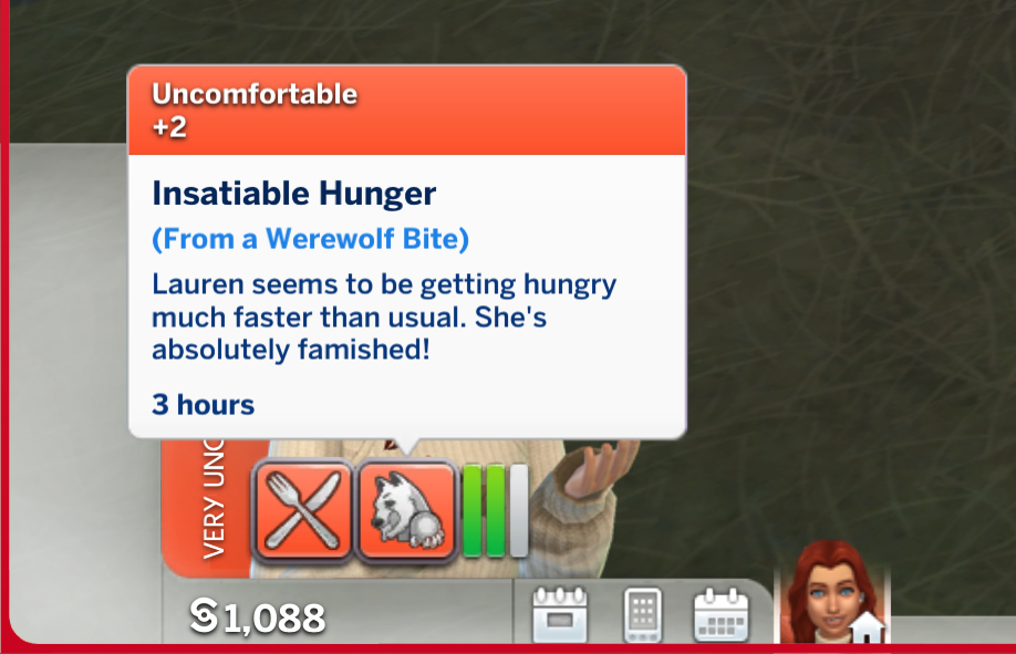 a sim with an insatiable hunger from a werewolf bite 