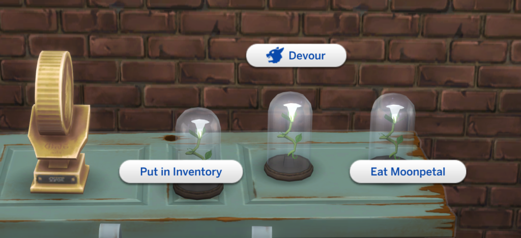 the interaction to eat moonpetal in The Sims 4 that will reset werewolf abilities 
