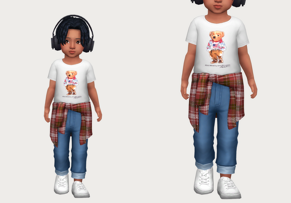 A really cool option for your sims 4 cc outfits for toddlers with a graphic t-shirt, a plaid shirt tied around the waist and a pair of blue jeans 