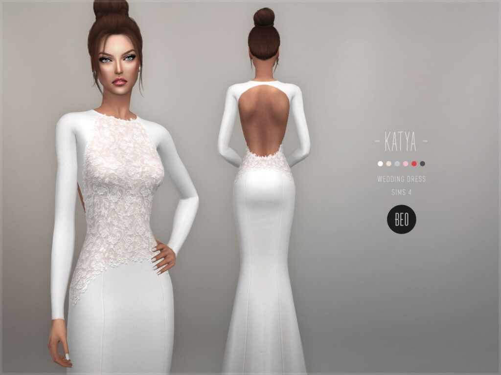 A long sleeve wedding dress with a slight mermaid style, it has an open back and the front is covered in lace in The Sims 4 cc 