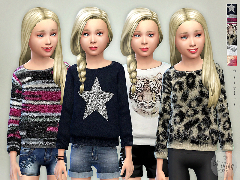 Four sims wearing cute sweaters in the game that are perfect for sims 4 kids cc shirts