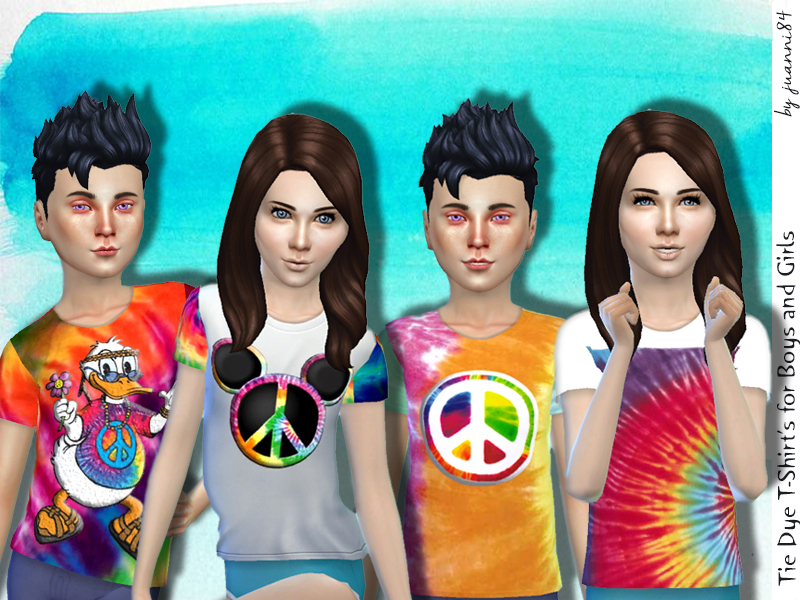Four sims with t-shirts on that are various types of tie dye, including peace signs and disney ears