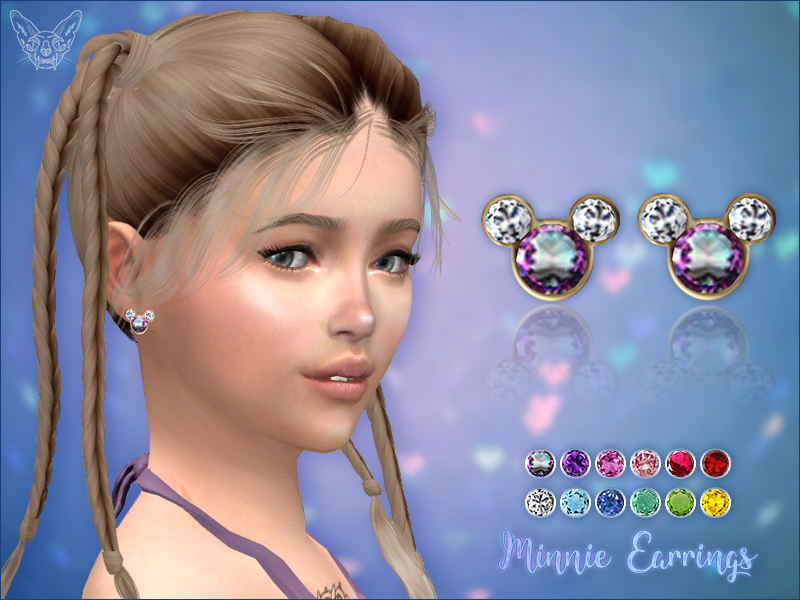 A sim with pig tails wearing earrings that are inspired by mickey and minnie mouse. 