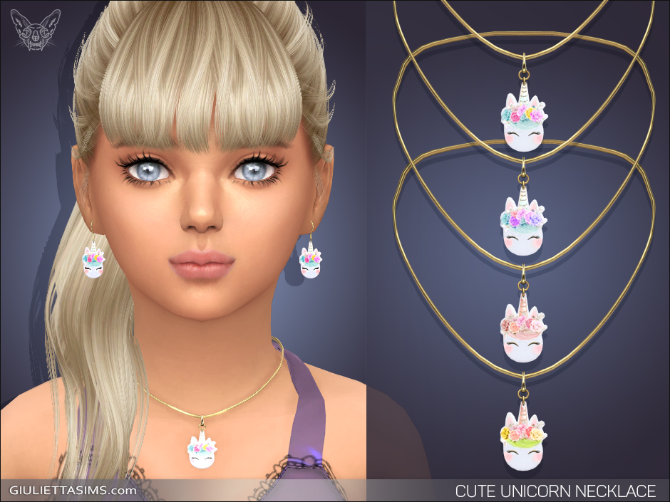 A sim with blonde hair and bangs wearing a matching set of unicorn earrings and necklace. 