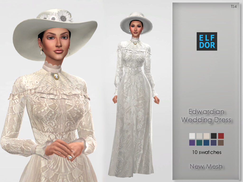 A very old school wedding dress in edwardian style with tons of detailing, long sleeves and a high neck for your sims 4 wedding dress cc folder 