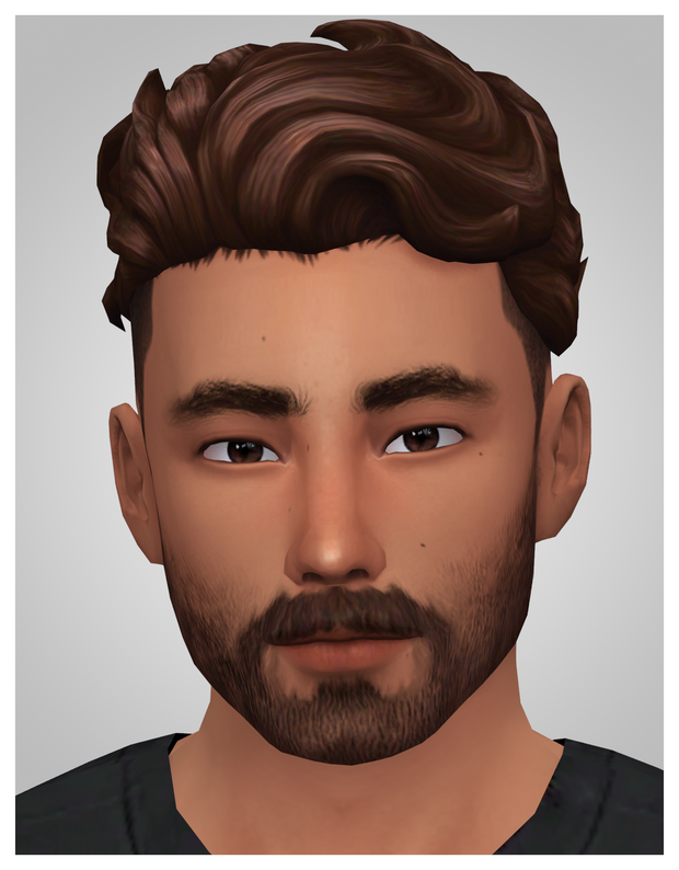A sim with brown hair, brown eyes and a brown beard. 