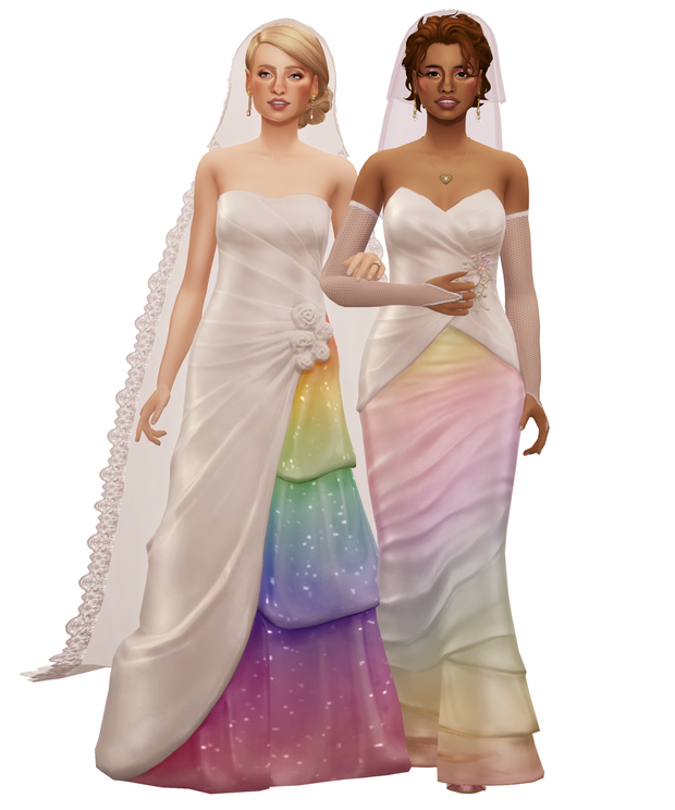 Two women in wedding dress cc options in The Sims 4 that add gorgeous rainbows to the skirt 