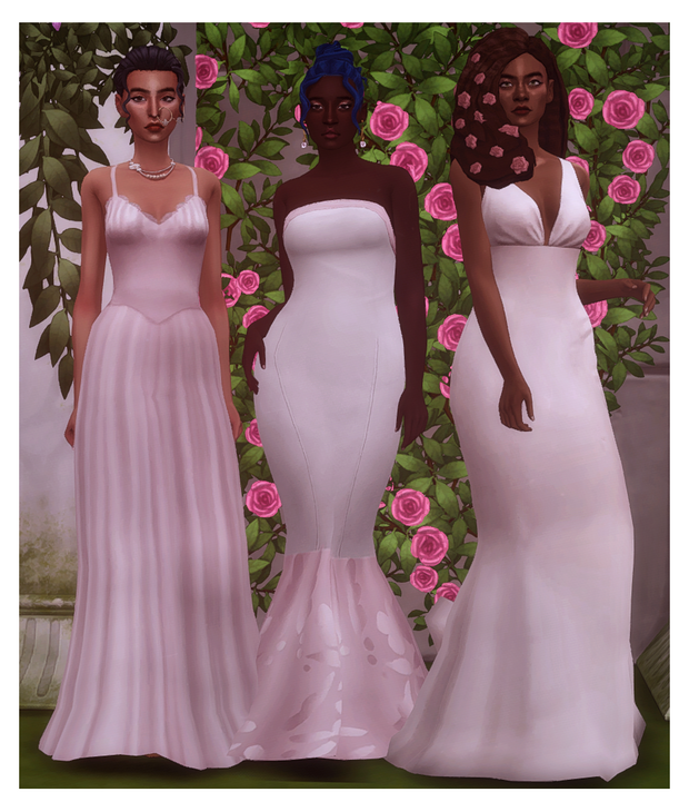 three sims in different style wedding dresses standing in various poses