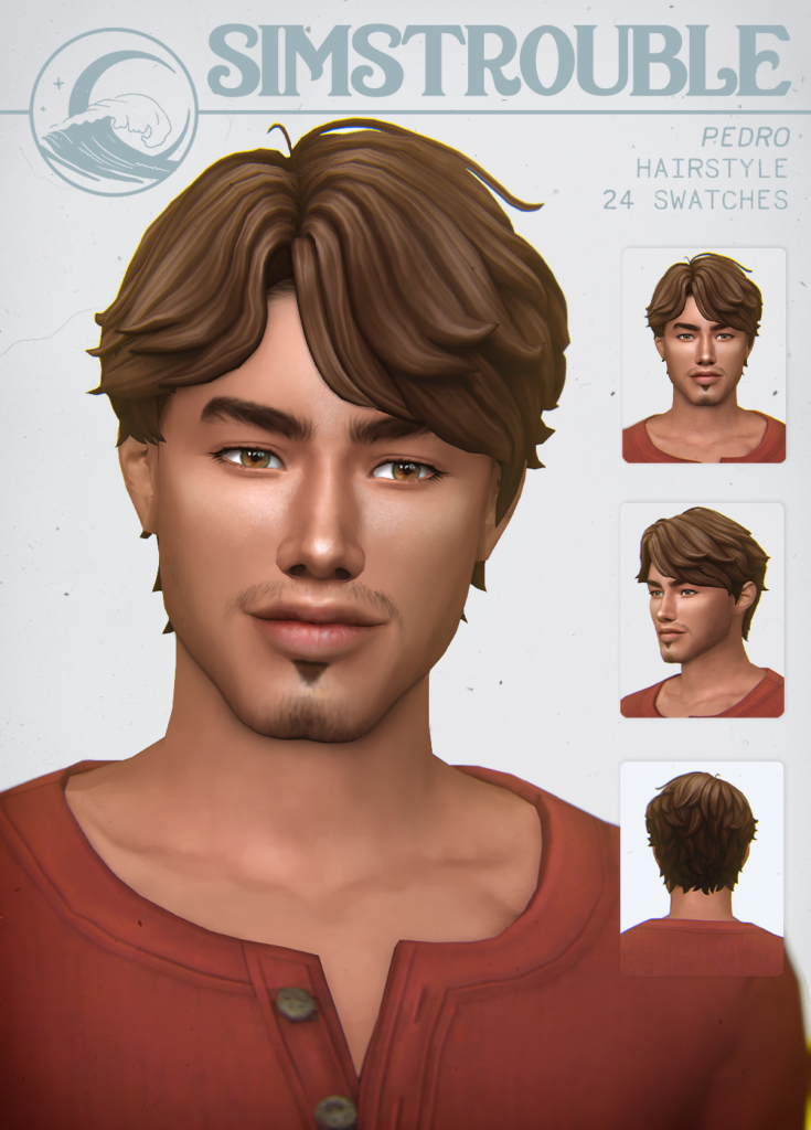 A smirking sim with brown eyes and thick eye brows with a short cc hair for males. 