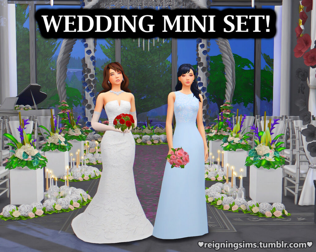 Two characters in The Sims 4 who are wearing a wedding dress or a bridesmaid dress. They are standing in front of a bunch of cc furniture that is perfect for weddings. 