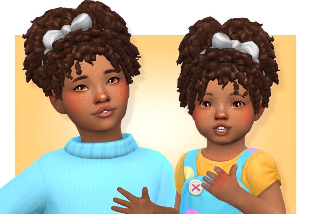 Two sims, one a child and one a toddler with a curly up-do hair style 