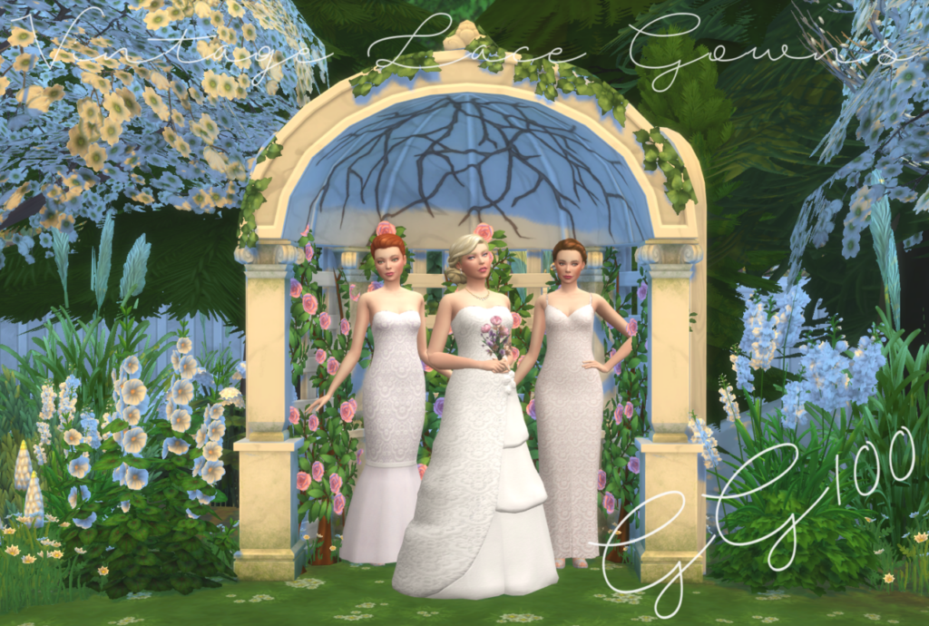 three sims wearing vintage lace wedding gowns that are standing under an outdoor pavilion 