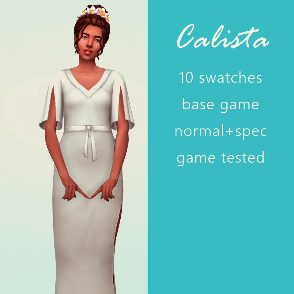 A simple wedding dress for you to add to your cc folder in The Sims 4 that has a belted waist and a gorgeous v-neck 