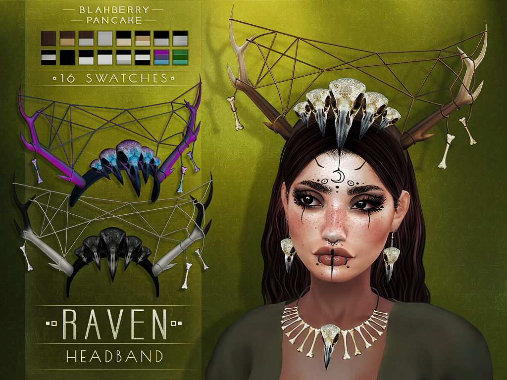 A sim with face paint, a pair of matching earrings and necklace wearing a very interesting headband. 