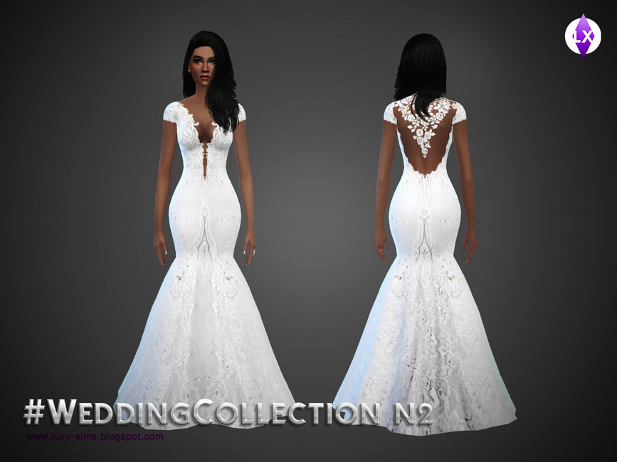 The sims 4 cc wedding dress option that is mermaid style, with an open back and a nice plunging neckline 