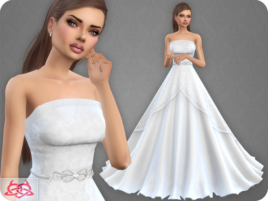 A sims 4 cc wedding dress that has a straight across strapless neckline with a silver belt 