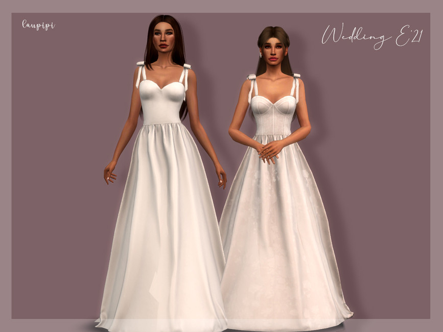 Two sims with brown hair wearing wedding dress options for The Sims 4 that have bows as their straps and are cinched at the waist 