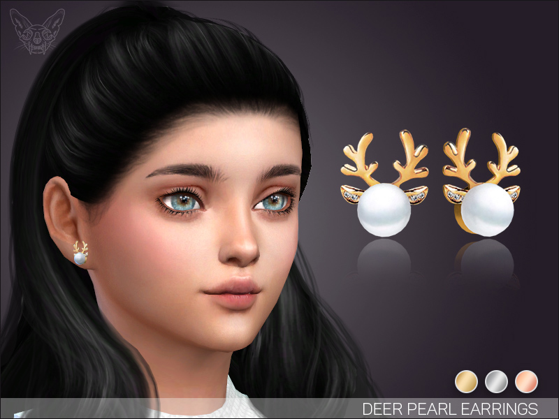 A sim wearing pearl deer earrings with black hair. 