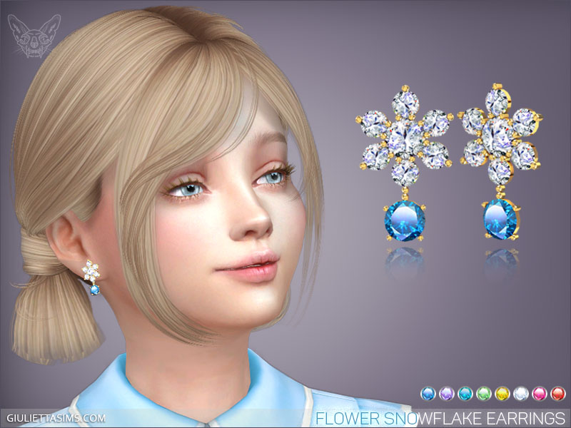 A blonde hair, blue eye sims kid who is wearing a pair of snowflake drop earrings. 