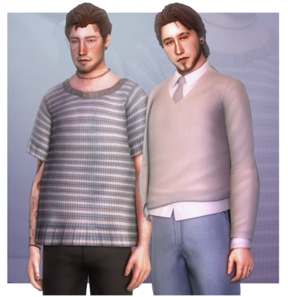 Two sims standing in different sweaters 