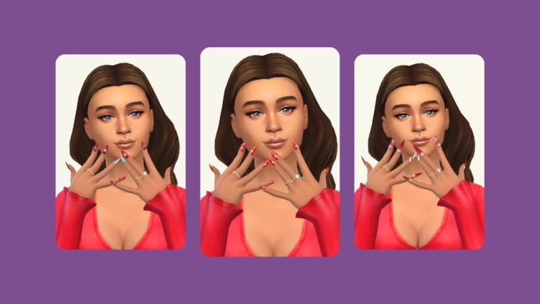 This image has a purple background. On top of that is a set of three images of the same sim with different Christmas themed cc nails