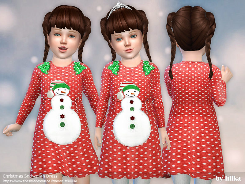 A sim with brown hair in braids wearing a sims 4 cc Christmas outfit with red polka dots and a snowman on the front. 