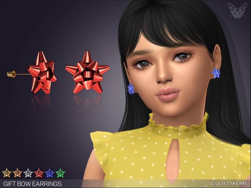 A child in The Sims 4 who is wearing a yellow polka dot dress and has accessories on. These sims 4 cc accessories include earrings that look like a holiday bow. 