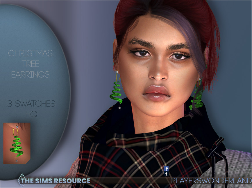A sim wearing a pair of abstract Sims 4 CC Christmas earrings that look like a christmas tree 