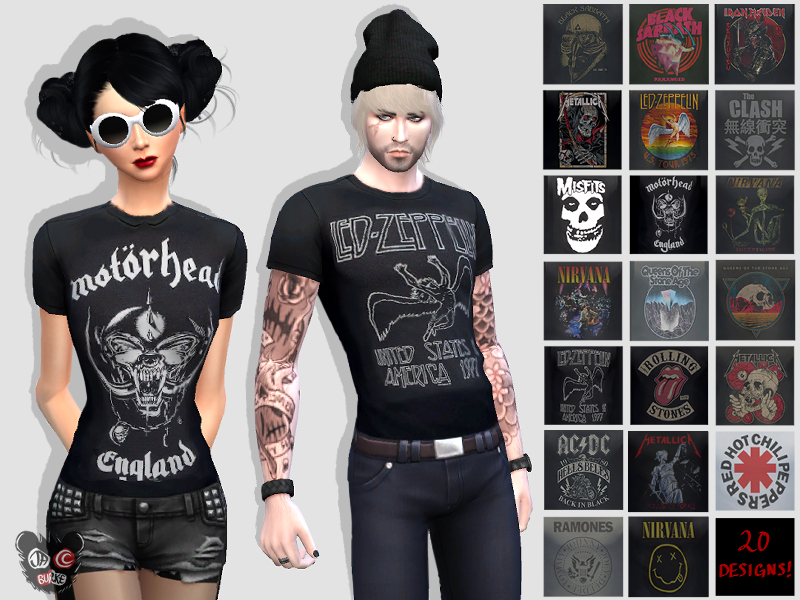Two sims, one male and one female, from The Sims 4. They are wearing a motorhead and a led zeppelin t-shirt. 