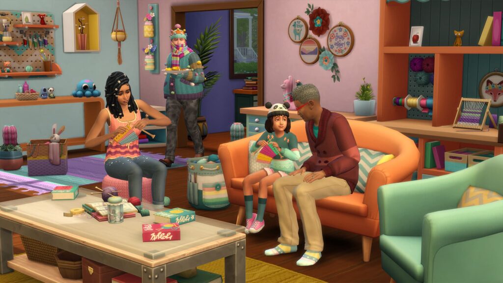 A family of sims learning the knitting skill in The Sims 4 