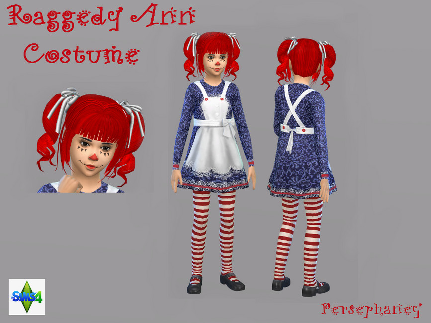 A young girl in The Sims 4 wearing a cc halloween costumes option as Raggedy Ann
