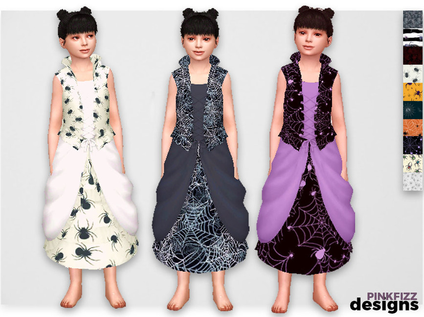 The same sim 3 times wearing Sims 4 CC Dress with a corset vest and puffy bottom with spider webs and spider patterns 