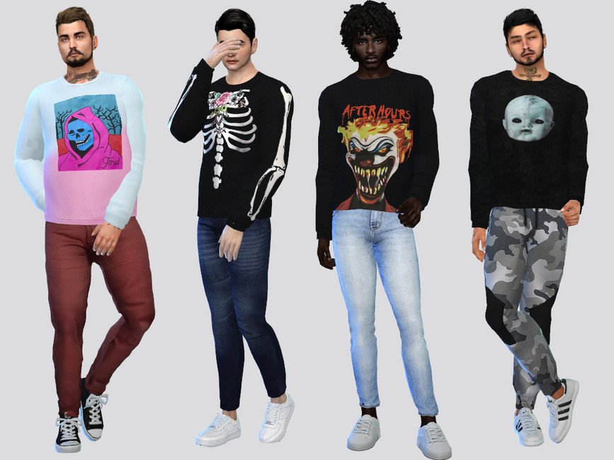 Four male sims who are wearing creepy halloween themed shirts 