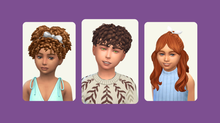 This image has a purple background. On top of that background is three images. These images are of sims from The Sims 4, all kids. With different hair.