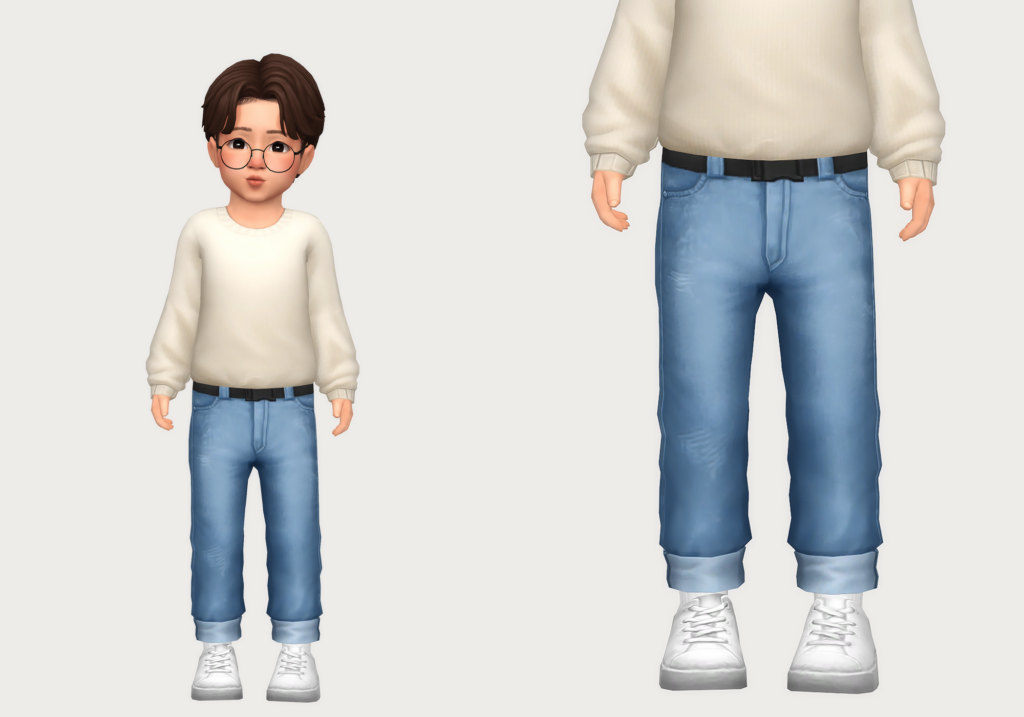 A sim who looks like Harry Potter wearing a white sweater, on the bottom they are wearing blue jeans with a belt and the jeans are cuffed at the bottom. White sneakers. 
