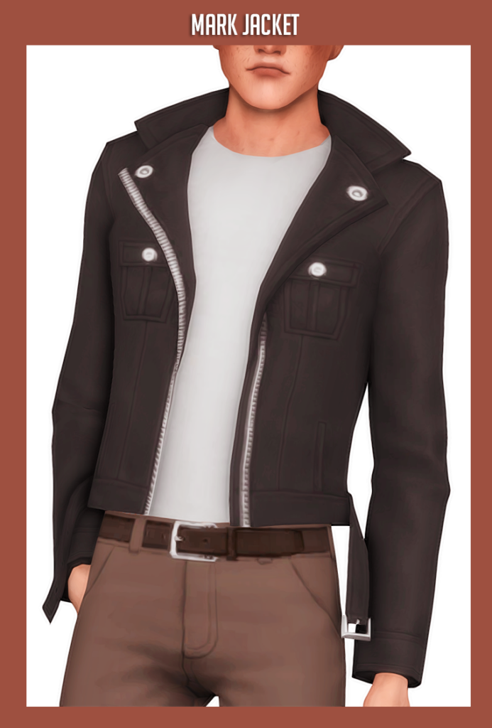 A vertical rectangle with a sim who has their head cropped out, they are wearing a pair of brown pants and a white t-shirt with a male cc jackets option on top