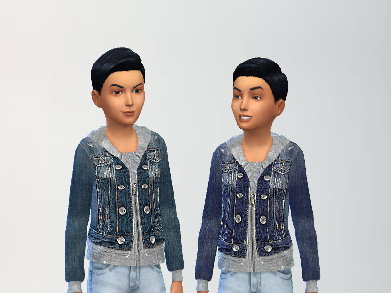 The same black haired sim twice who is wearing a denim jacket over top of a grey hoodie. 