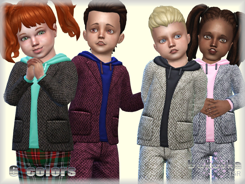 Four toddlers wearing tweed blazer style jackets over a brightly coloured hoodie. 