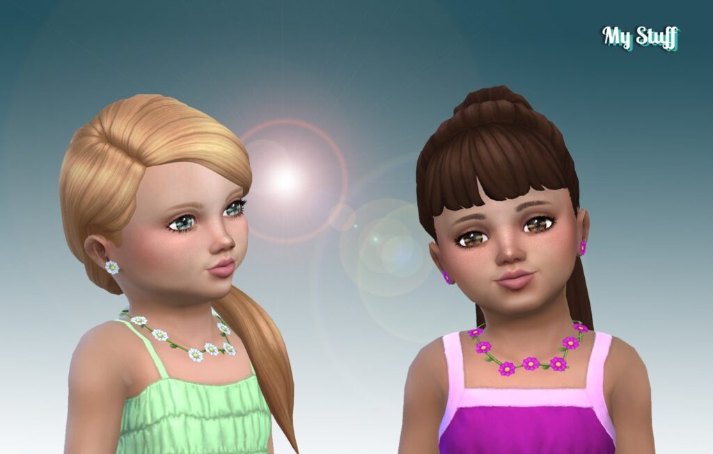 Two toddlers from The Sims 4 who are wearing summer dresses and flower necklaces. They are also wearing earrings that match the necklaces and are a small daisy. 