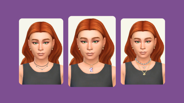 This image has purple in the background. On top are three images with a sim with red hair and a black shirt wearing different necklaces.