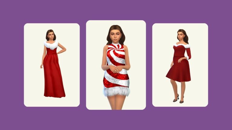 This image has a background that is purple and on top are three images of a sim with brown hair wearing different Christmas themed red dresses